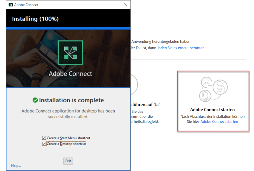 Aufruf des Adobe-Connect-Raums nach Abschluss Erstinstallation der App