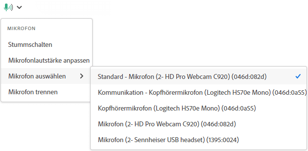 Adobe Connect 11 Auswahlmenü Mikrofon