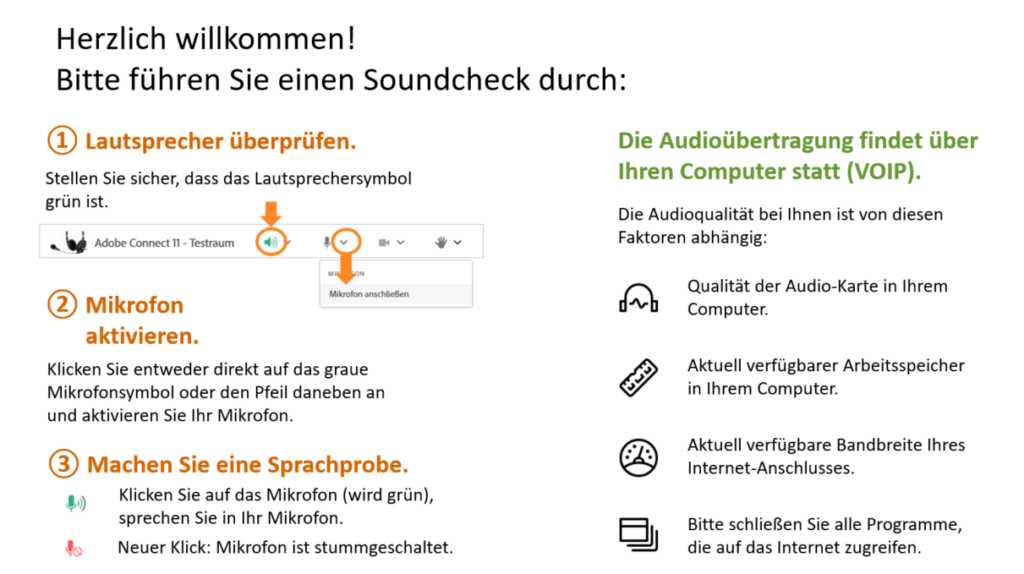 Hinweise für den Soundcheck nach Eintritt in einen Adobe-Connect-Raum