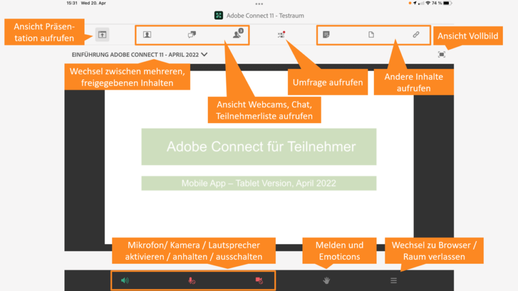 Kurzübersicht Bedienoberfläche Adobe Connect in Tablet App
